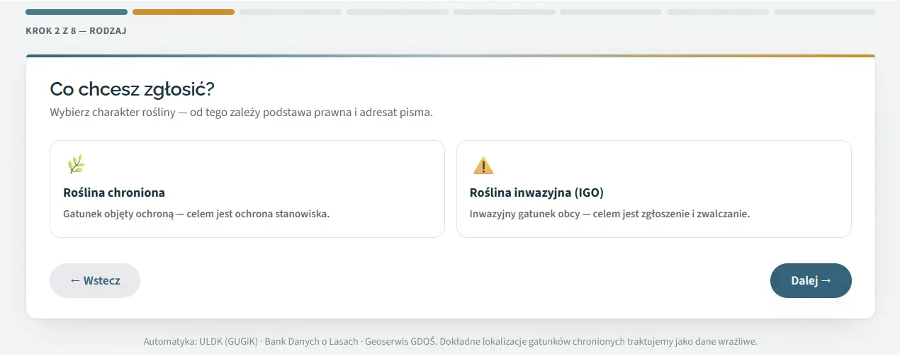 Formularz Pismo dla przyrody, krok 2 z 8 — co właściwie zgłaszasz?