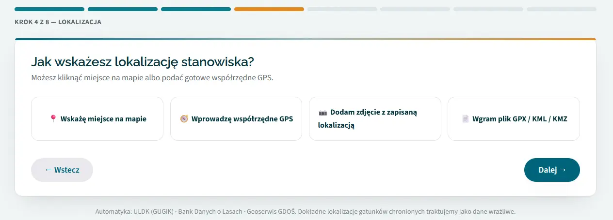 Formularz Pismo dla przyrody, krok 4 z 8 — jak wskażesz lokalizację?