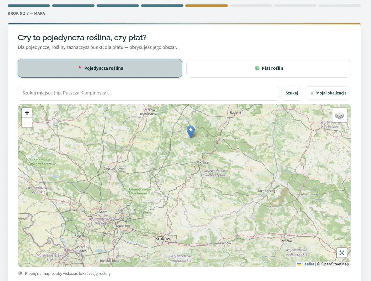 Formularz Pismo dla przyrody, krok 5 z 8 — mapa — tu zaczyna się automatyka