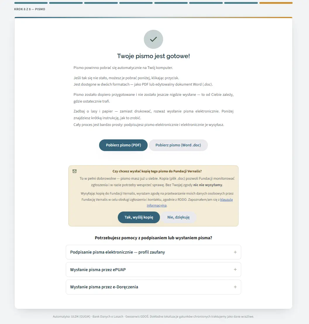 Formularz Pismo dla przyrody, krok 8 z 8 — podsumowanie i gotowe pismo
